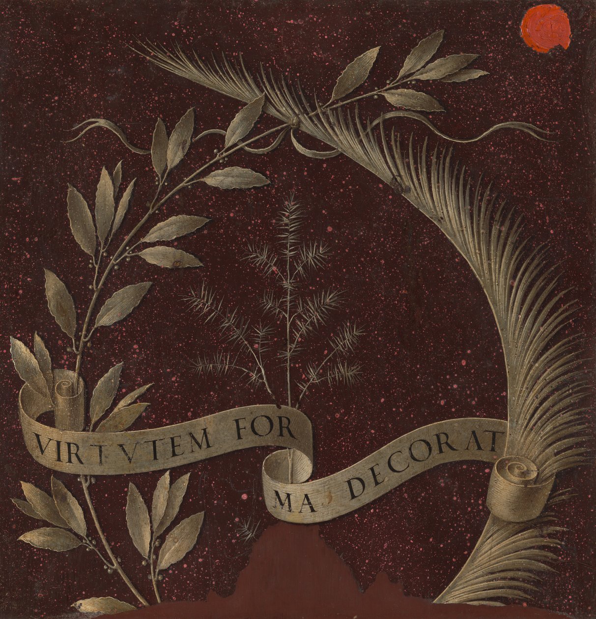 Krans av laurbær, palme og einer med en rullepåskrevet Virtutem Forma Decorat [omvendt], ca. 147 av Leonardo da Vinci
