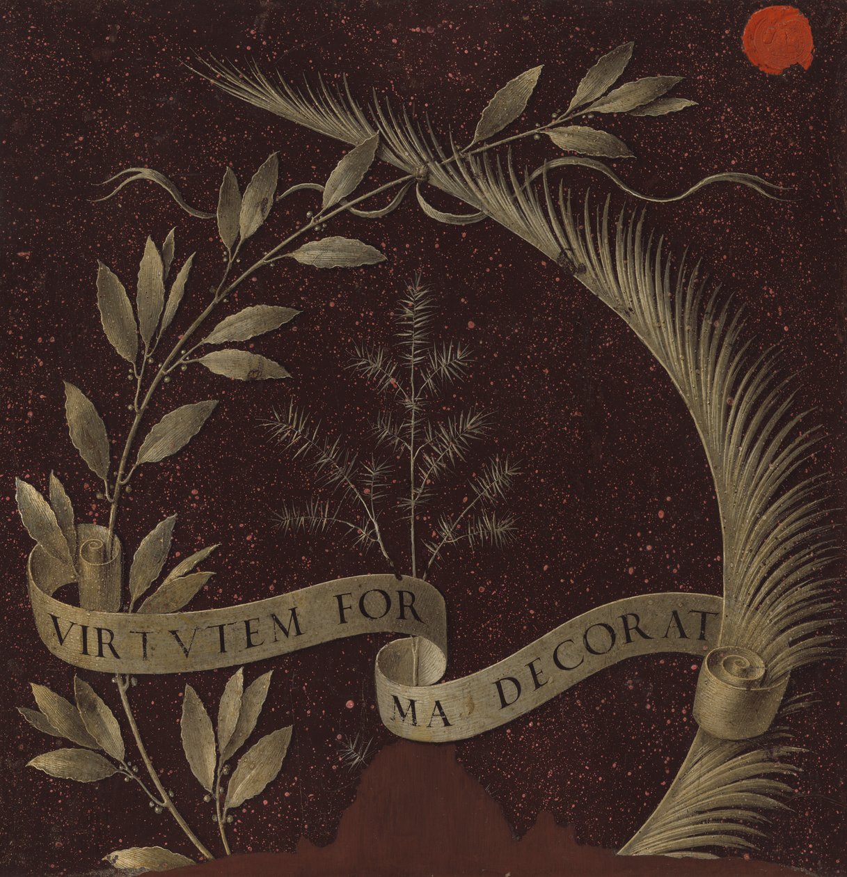 Krans av laurbær, palme og einer med en rullepåskrevet Virtutem Forma Decorat, ca. 1474-78 (tempera på panel) av Leonardo da Vinci