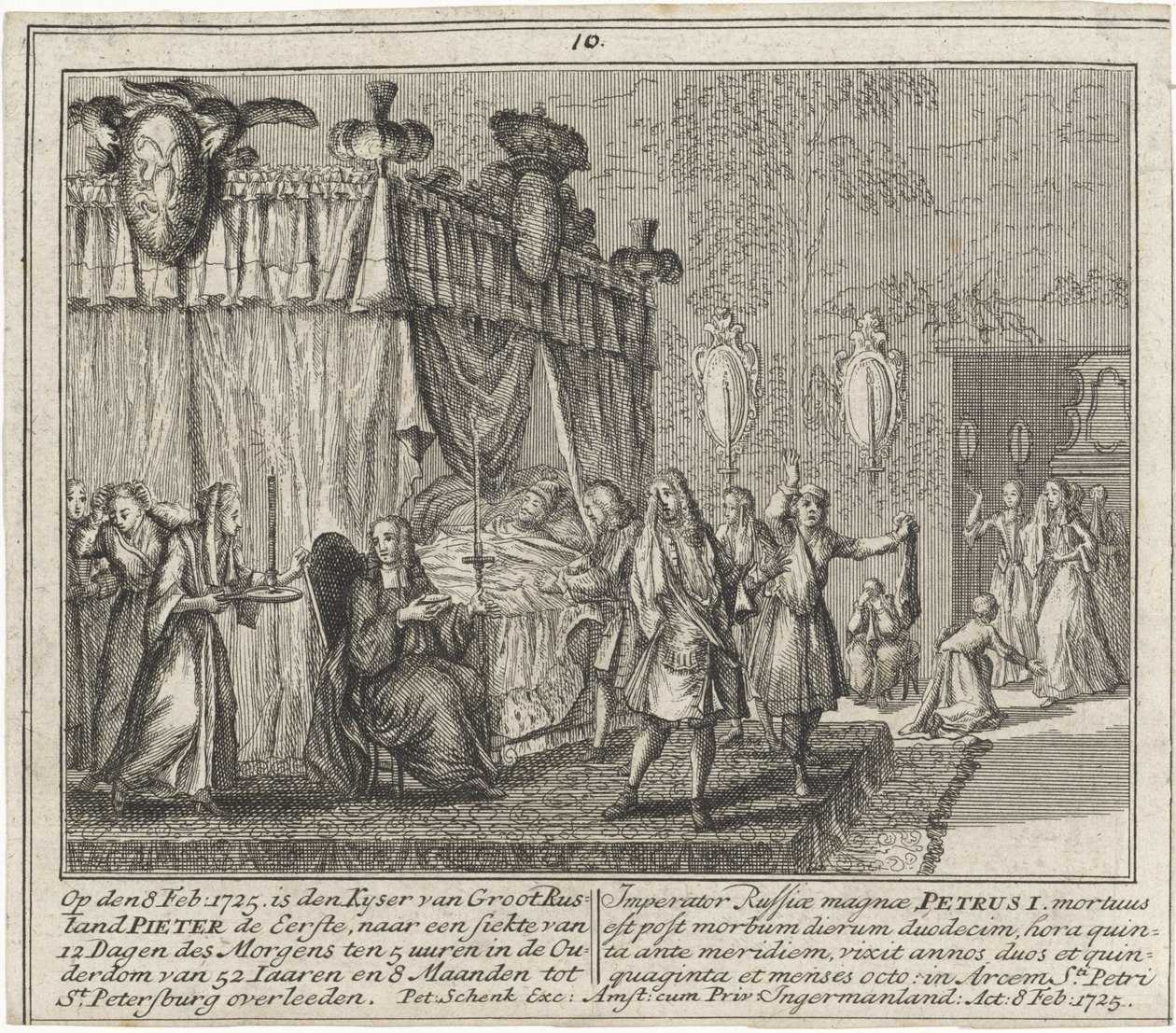 La mort de Pierre I le Grand, le 8 feb 1725 - Peter den stores død 8. februar 1725, av Schenk, Leonard (1696-1767). Kobbergravering av Leonardus Schenk