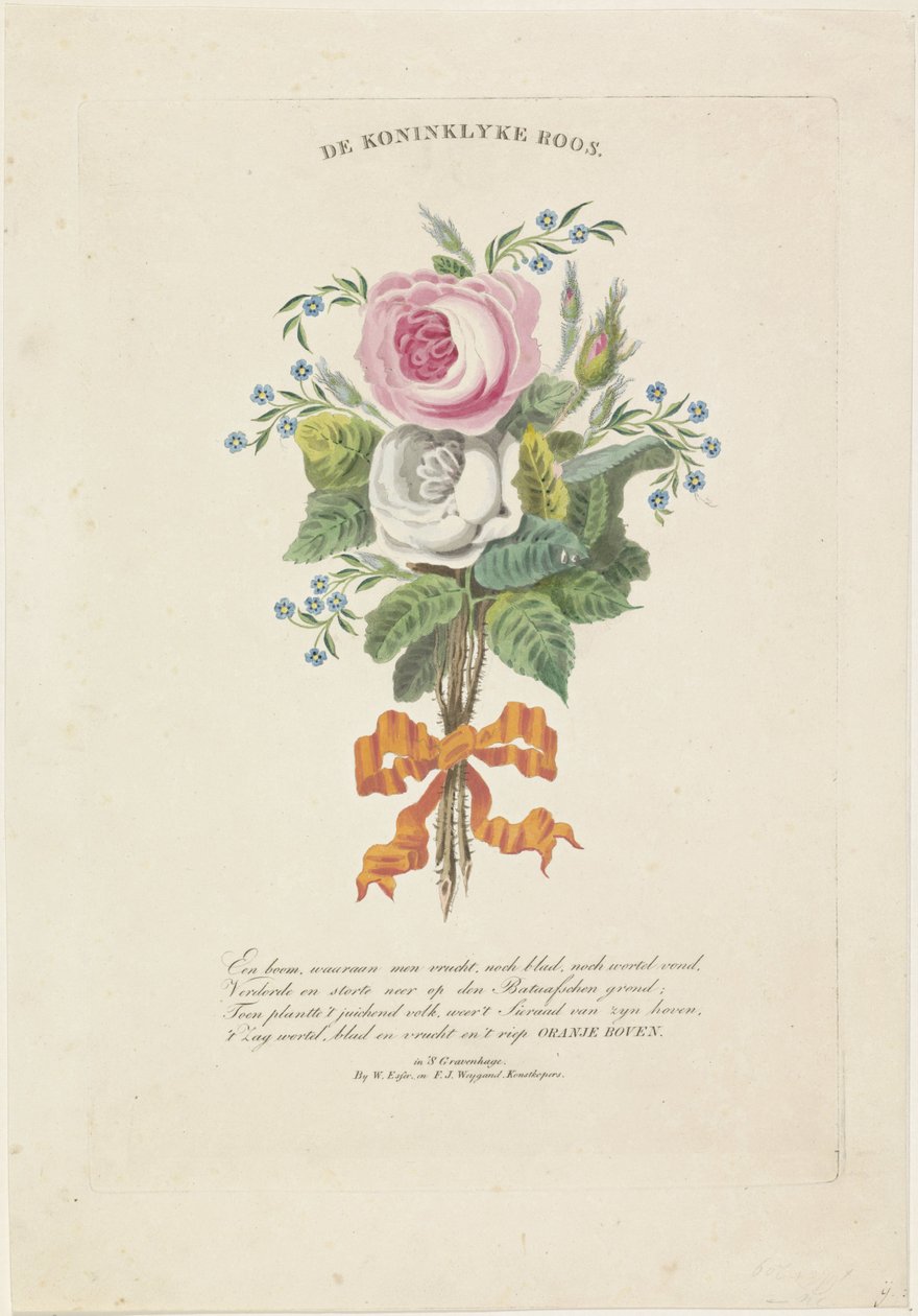 Roser med silhuettportretter av William I Frederik, kongen av Nederland, Wilhelmina av Preussen, deres barn, hans foreldre og hans søster av Leonardus Schweickhardt