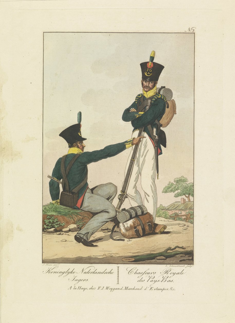 To jegere, 1814-1818 Koninglyke Nederlandsche Jagers / Chasseurs Royale des Pays-Bas (tittel på objekt) Syv uniformsforestillinger 1814-1818 (serietittel) av Leonardus Schweickhardt