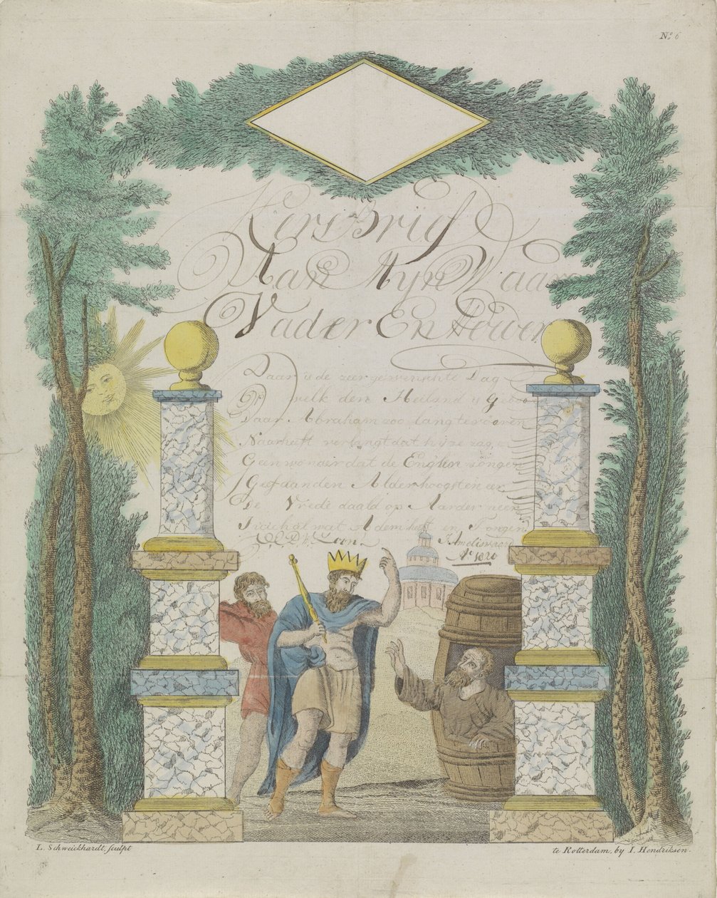 Ønskebrev med Alexander den store på besøk hos Diogenes i tønnen av Leonardus Schweickhardt