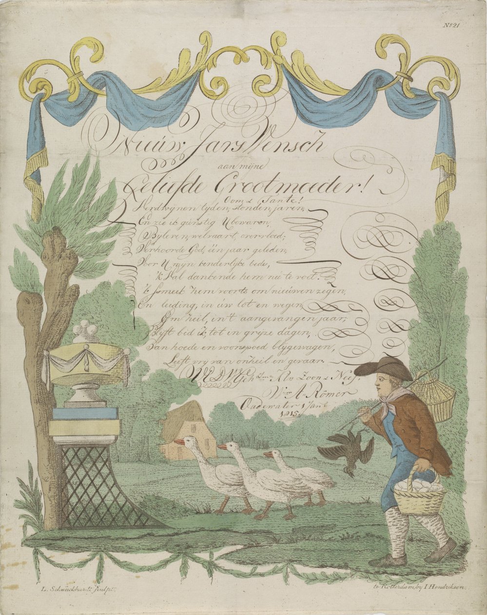 Ønskebrev med en bonde og hans gjess av Leonardus Schweickhardt