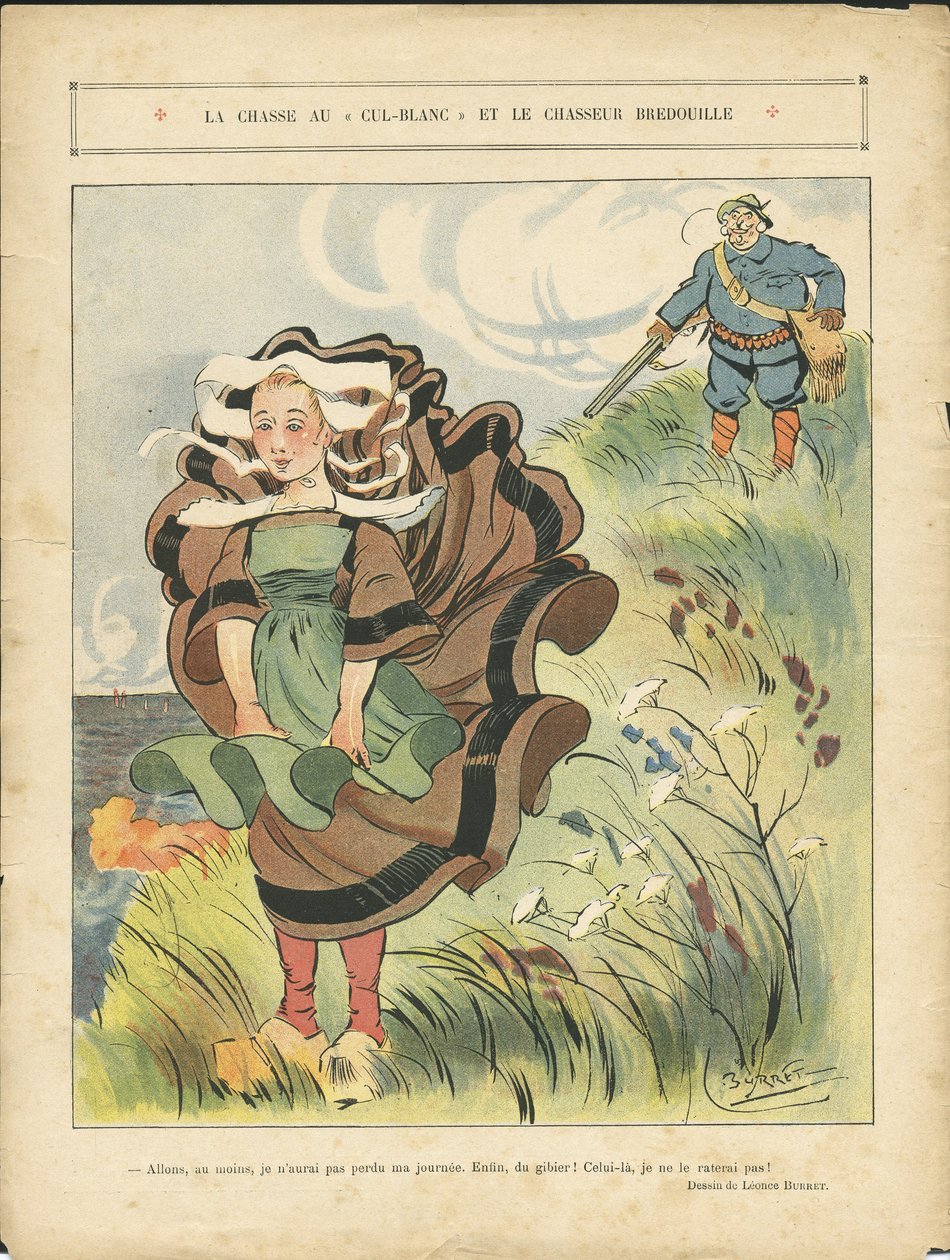Illustrasjon av Leonce Burret (1865-1915) i Le Rire, 03/09/10 - Jakten på den hvite cul-blanc og dummyjegeren - Landsbygd, Fritid, Naturvegetasjon, Jaktjeger, Maritime Marine Balneaire - Bønder, Bønder av Leonce Burret