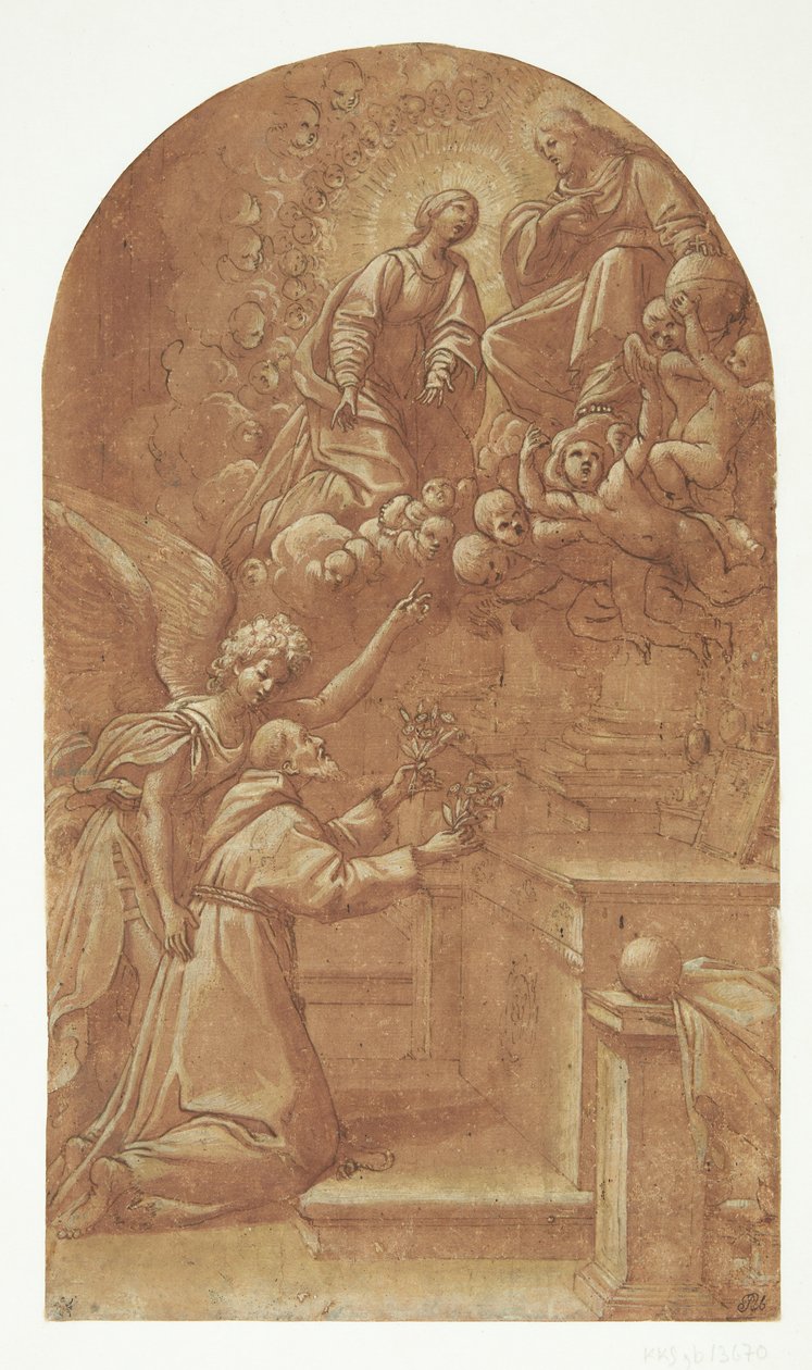 En knelende fransiskaner (fransk fra Assisi?), støttet av en engel, holder frem blomster med begge hender mot den tronende Kristus, som vises støttet av engler og med Maria i forbønn ved hans side av Leonello Spada
