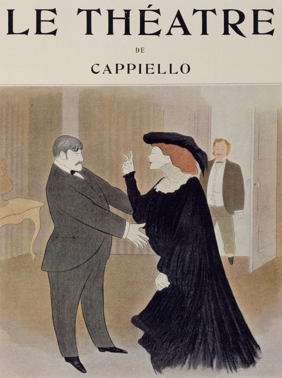 Skuespillerne Lucien Quitry og Jane Harding i scene fra La Chatelaine, fremført på Renaissance Theatre i Paris, tegning av Leonetto Cappiello (1875-1942), tittelside til tidsskriftet Theatre, april 1903 av Leonetto Cappiello