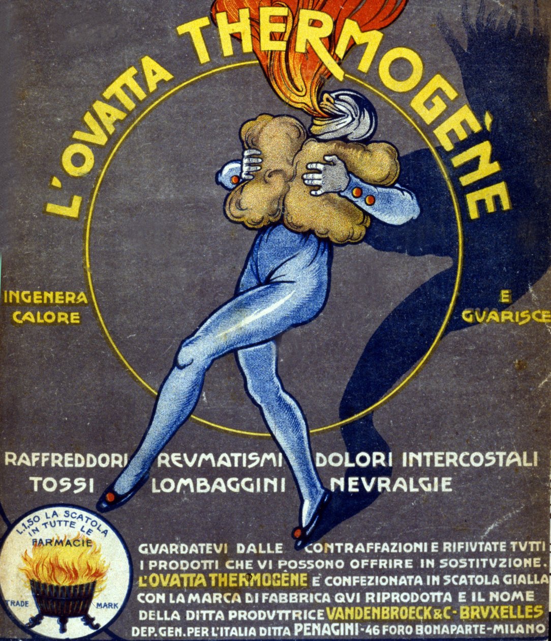 Reklame for termogen bomullsull som kurerer forkjølelse, indre smerter, revmatisme, hoste, nevralgi og lumbago. Tegning av L. Cappiello (1875 - 1942) Italia, 1900-tallet. av Leonetto Cappiello