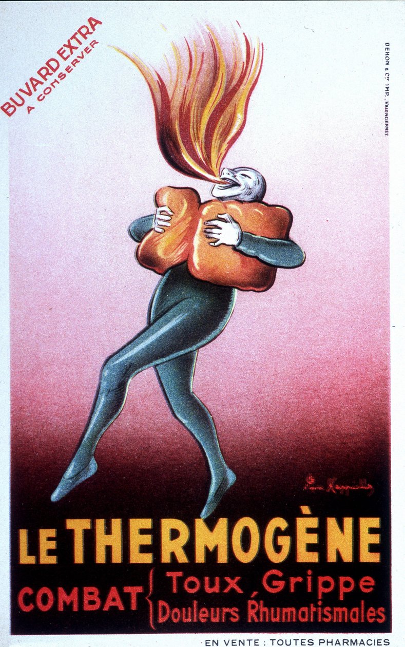 Reklame for termogen vatt som helbreder forkjølelse, interkostal smerte, revmatisme, hoste, nevralgi og lumbagos. Fransk Bouvard. begynnelsen av det 20. århundre av Leonetto Cappiello