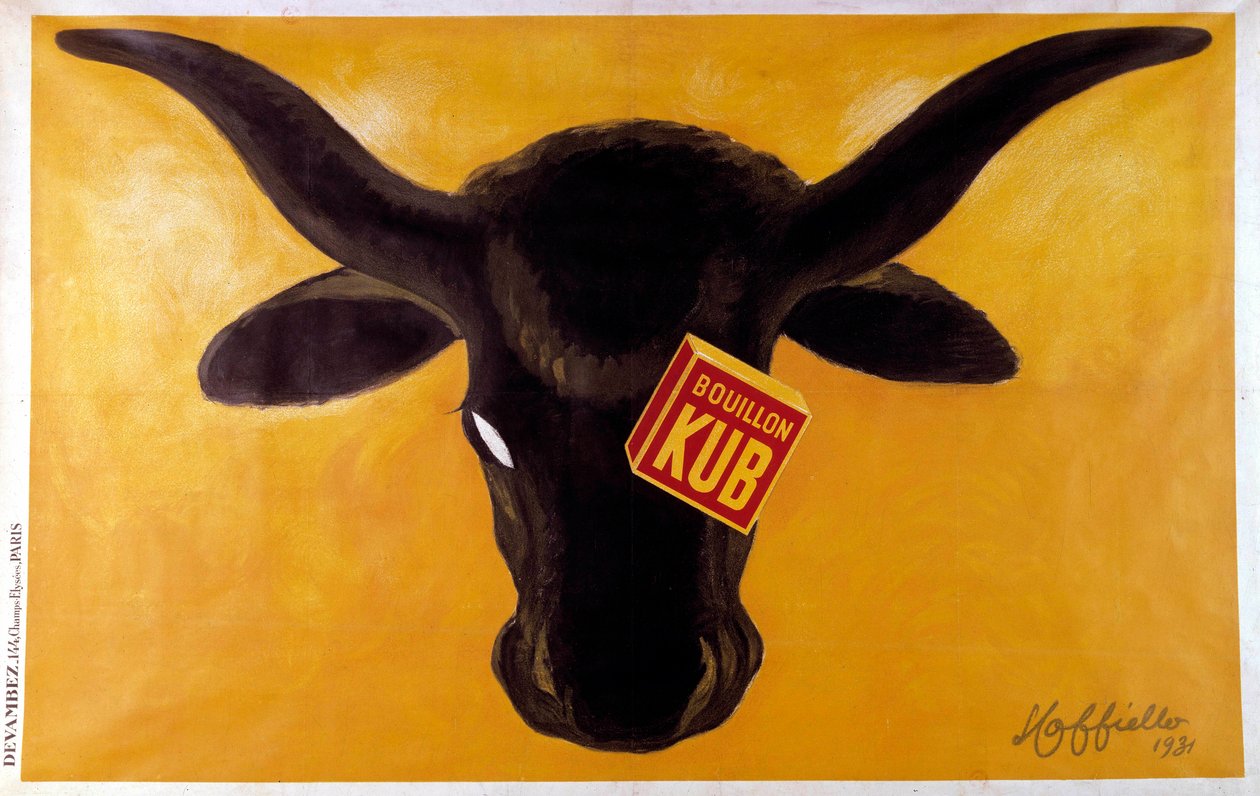 Reklameplakat for Kub-buljong med et biffhode. 1931. Illustrasjon av Leonetto Cappiello (1875-1942) Paris, dekorativ kunst av Leonetto Cappiello