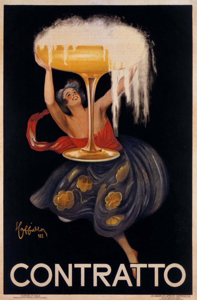 Reklameplakat for musserende vin "" Contratto "": en liten fe, en alv som løfter en stor kopp. Illustrasjon av Leonetto Cappiello (1875-1942) 1922 av Leonetto Cappiello