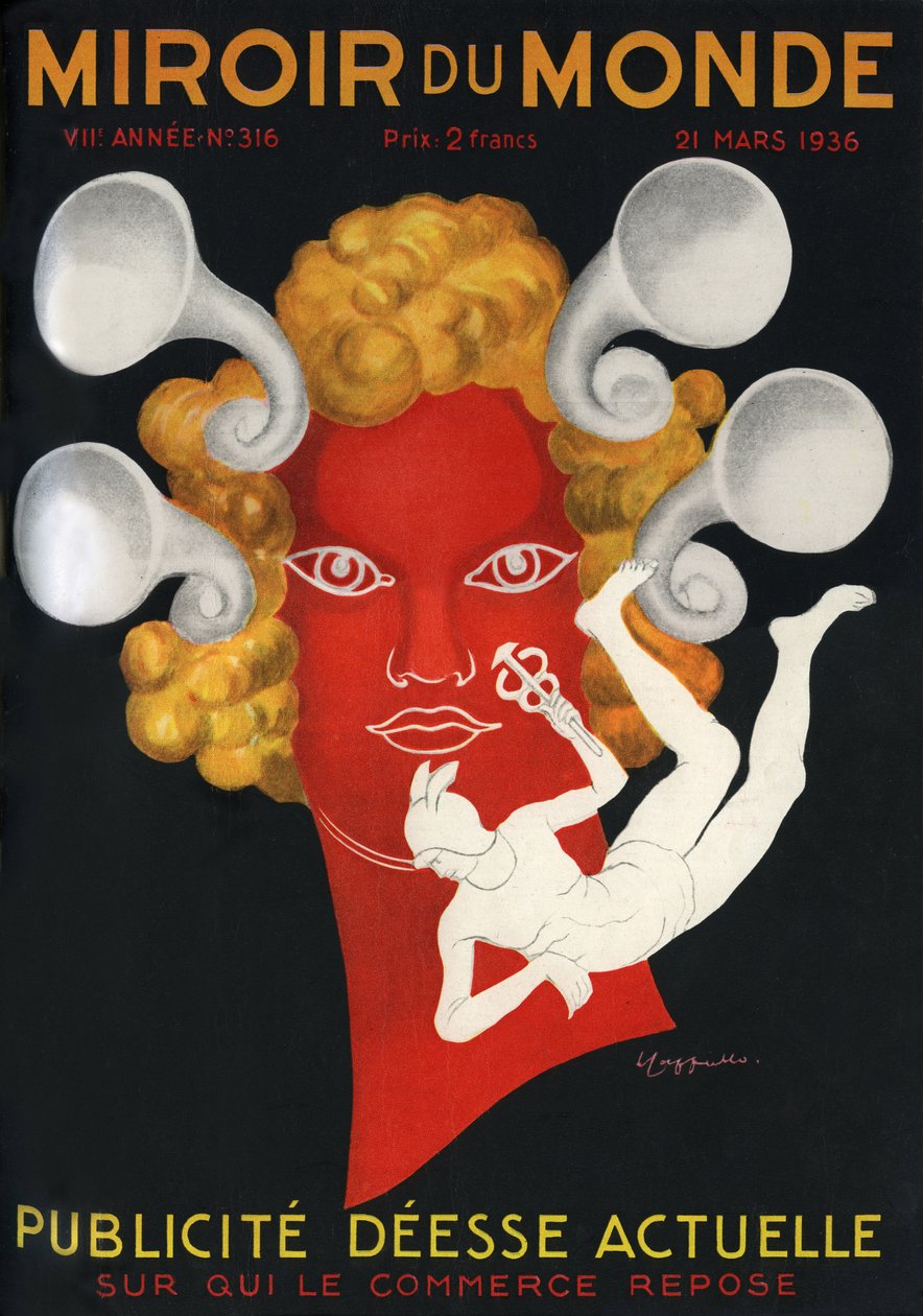 Allegori om reklamen "" Nåværende gudinne som handelen hviler på"", med Mercury, guden for reisende og handel. Forside av magasinet Mirror du monde n°316, 21. mars av Leonetto Cappiello