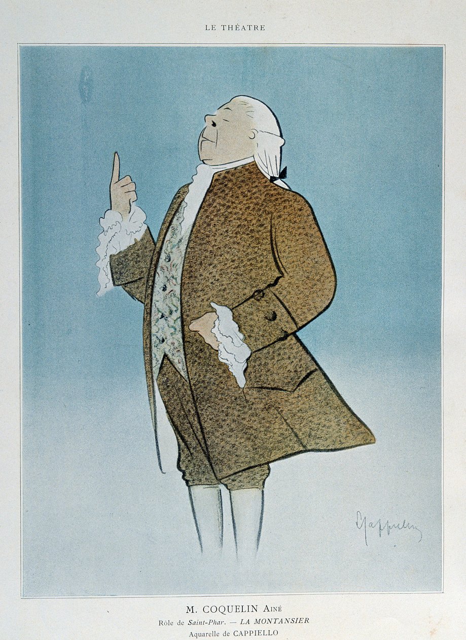 Komiker Constant Poppy Groin (1841-1909) i rollen som Saint Phar i Rejanes «La Montansier» i 1904. Akvarell av Leonetto Cappiello (1875-1942) Paris. Dekorativ kunst av Leonetto Cappiello
