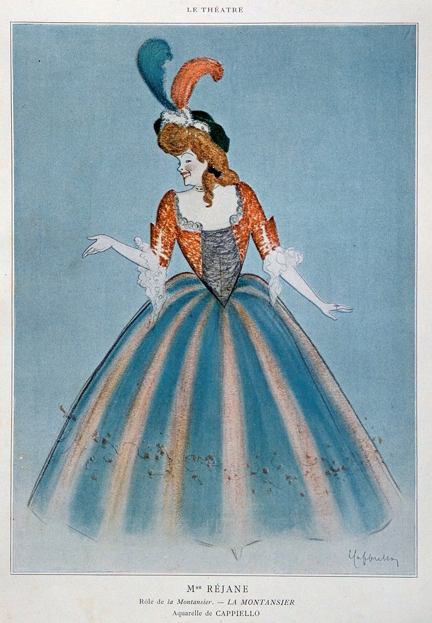 Komiker Gabrielle Charlotte Reyu kalte Rejane (1856-1920) i rollen som Montansier. Akvarell av Leonetto Cappiello (1875-1942) Paris, dekorativ kunst av Leonetto Cappiello