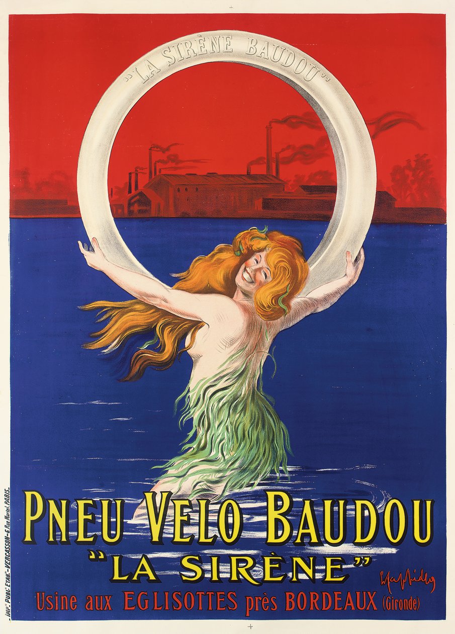 Plakatannonsering "La Sirene" sykkeldekk produsert av Pneu Velo Baudou, ca. 1920 av Leonetto Cappiello