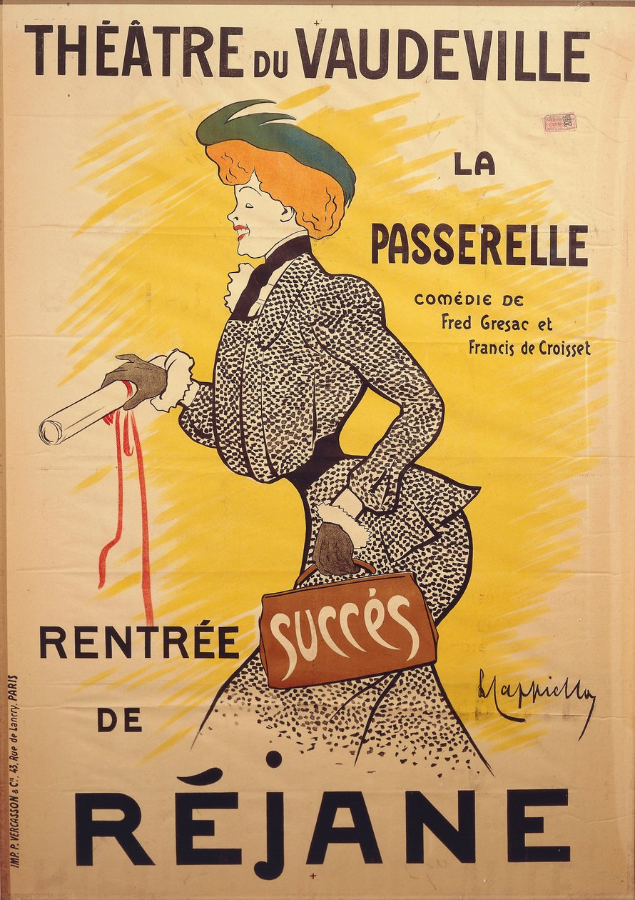 Plakat for komedien "La passerelle" av Francis de Croisset (1877-1937) og Fred De Gresac (1879-1943) på Theatre du Vaudeville med Rejane av Leonetto Cappiello