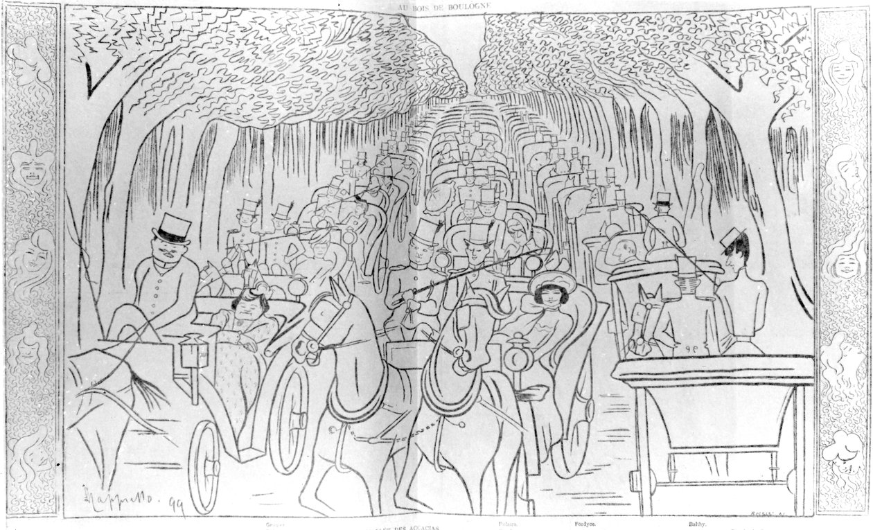 Scene, Music Hall og Operastjerner fra Belle Epoque-tiden, kjører i Bois de Boulogne, Avenue des Acacias, Paris, humoristisk karikatur fra 