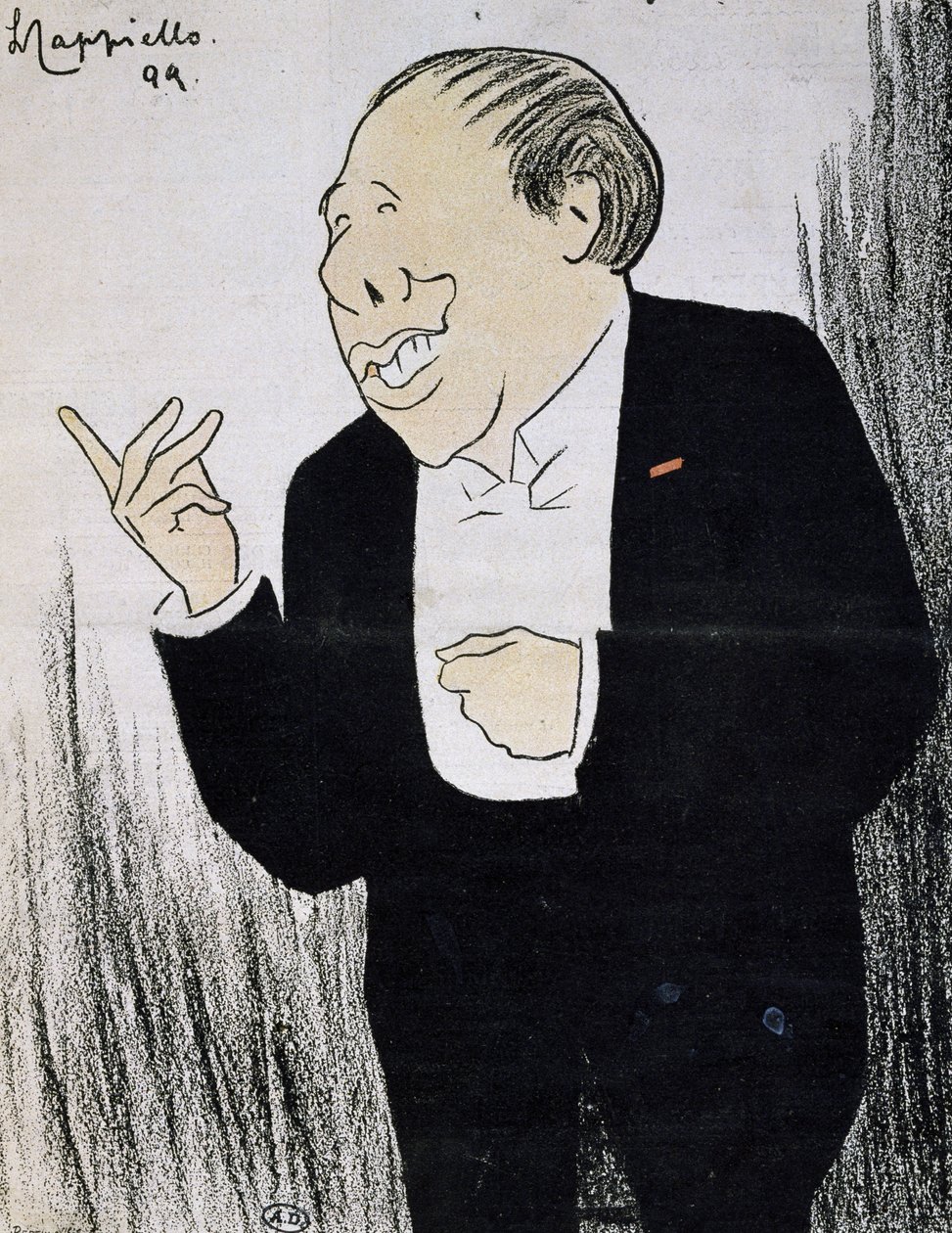 Skuespilleren Alexandre Coquelin, kjent som Coquelin Cadet (1848-1909) i en karikatur av Leonetto Cappiello
