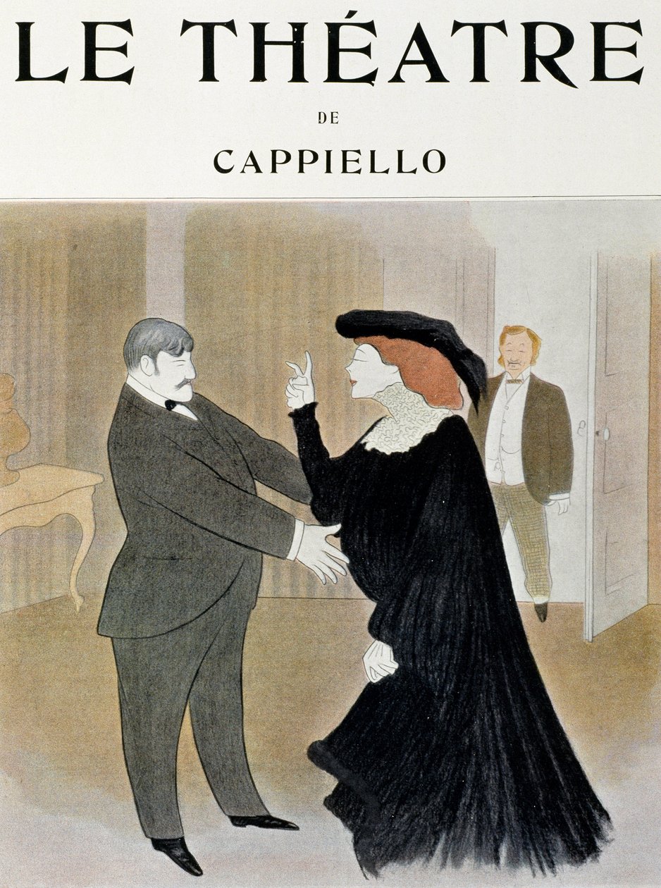 Skuespillerne Lucien Guitry (1860-1925) og Jane Harding i en scene fra La Chatelaine, opptrådte på Renaissance Theatre i Paris - tittelsiden til tidsskriftet Theatre, april 1903, Paris (Trykk) av Leonetto Cappiello