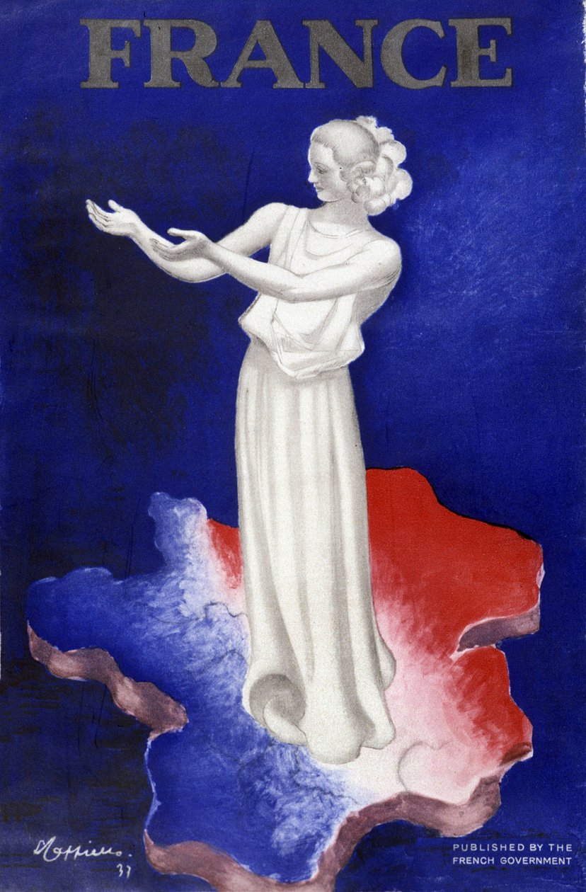 Kvinne som representerer Frankrike - Plakat i blå-hvit-røde farger av Leonetto Cappiello
