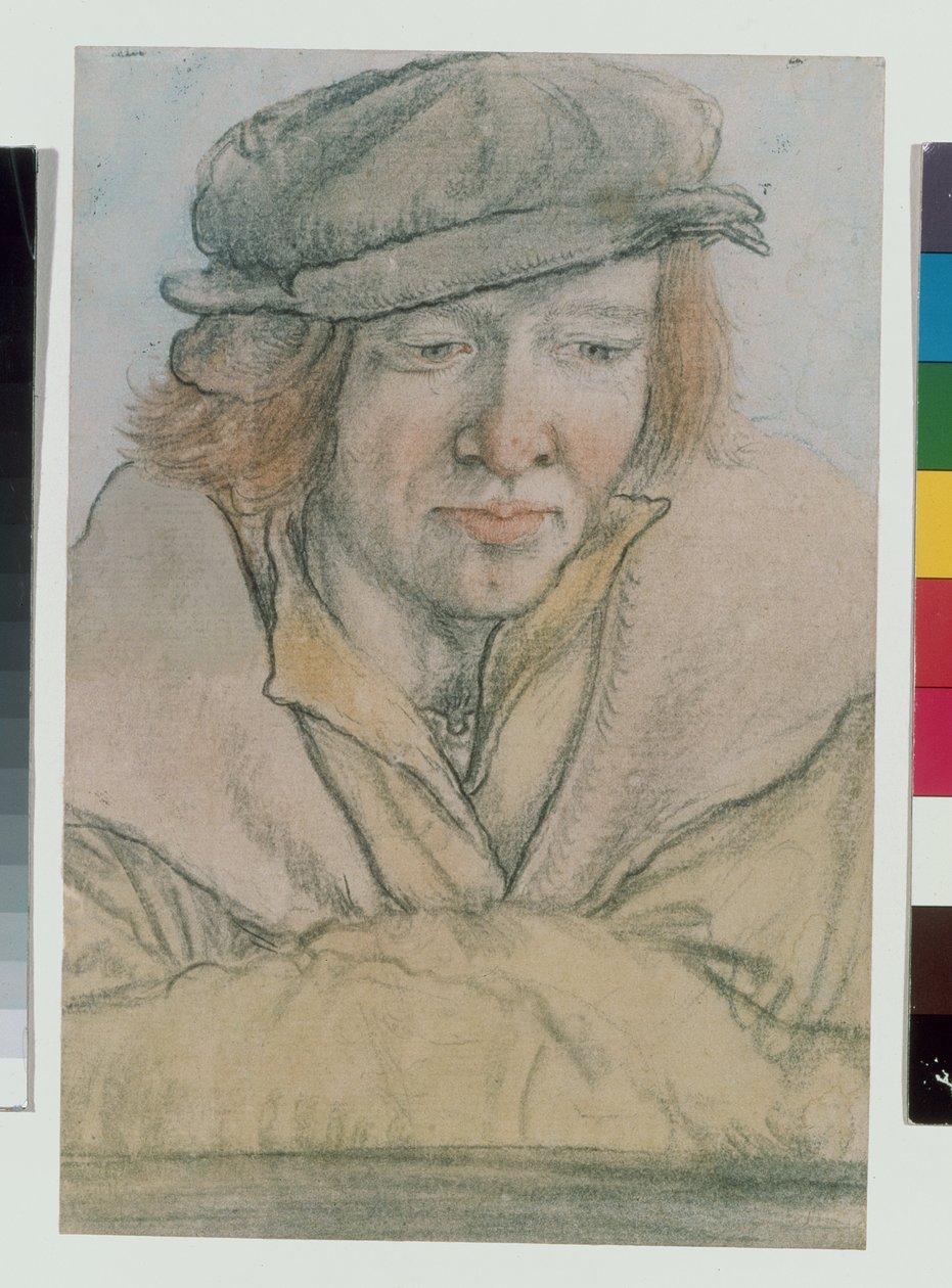 Portrett av en ung mann med caps (kritt, vask og kroppsfarge på papir) av Leonhard Beck