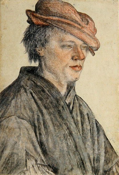 Portrett av en ung mann i lue og vendt mot høyre, ca. 1500-42 (kritt og vask på papir) av Leonhard Beck