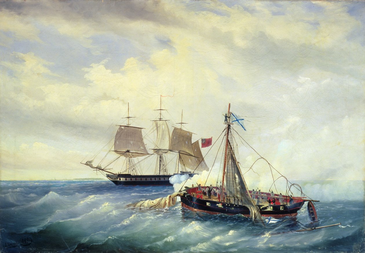 Kamp mellom det russiske skipet Opyt og en britisk fregatt, utenfor kysten av Nargen Island, 11. juni 1808, 1889 av Leonid Demyanovich Blinov
