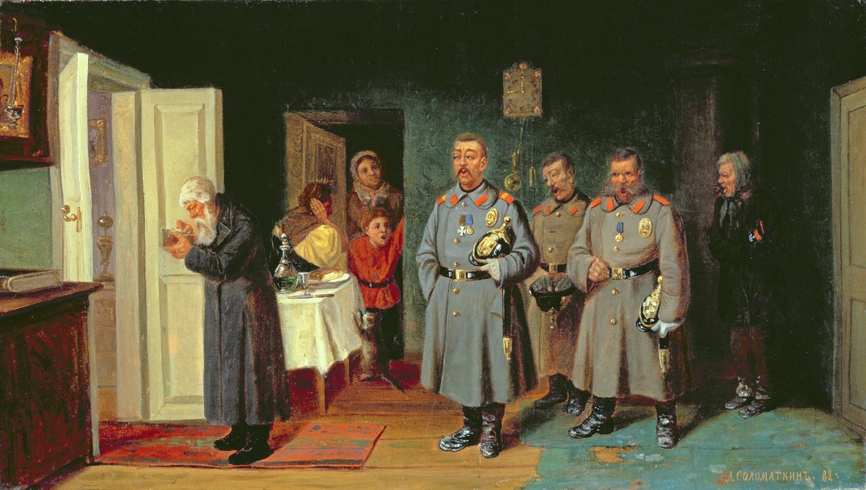 Politimenn som synger julesanger, 1867 av Leonid Ivanovich Solomatkin