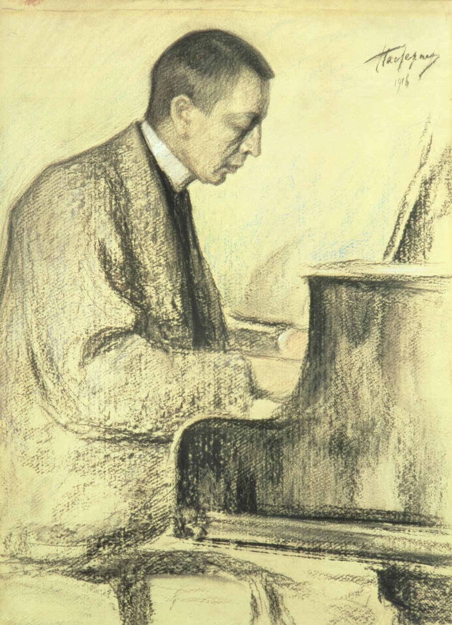 Portrett av Sergei Vasilievich Rachmaninov (1873-1943) ved pianoet, 1916 (pastell på papir) av Leonid Osipovic Pasternak
