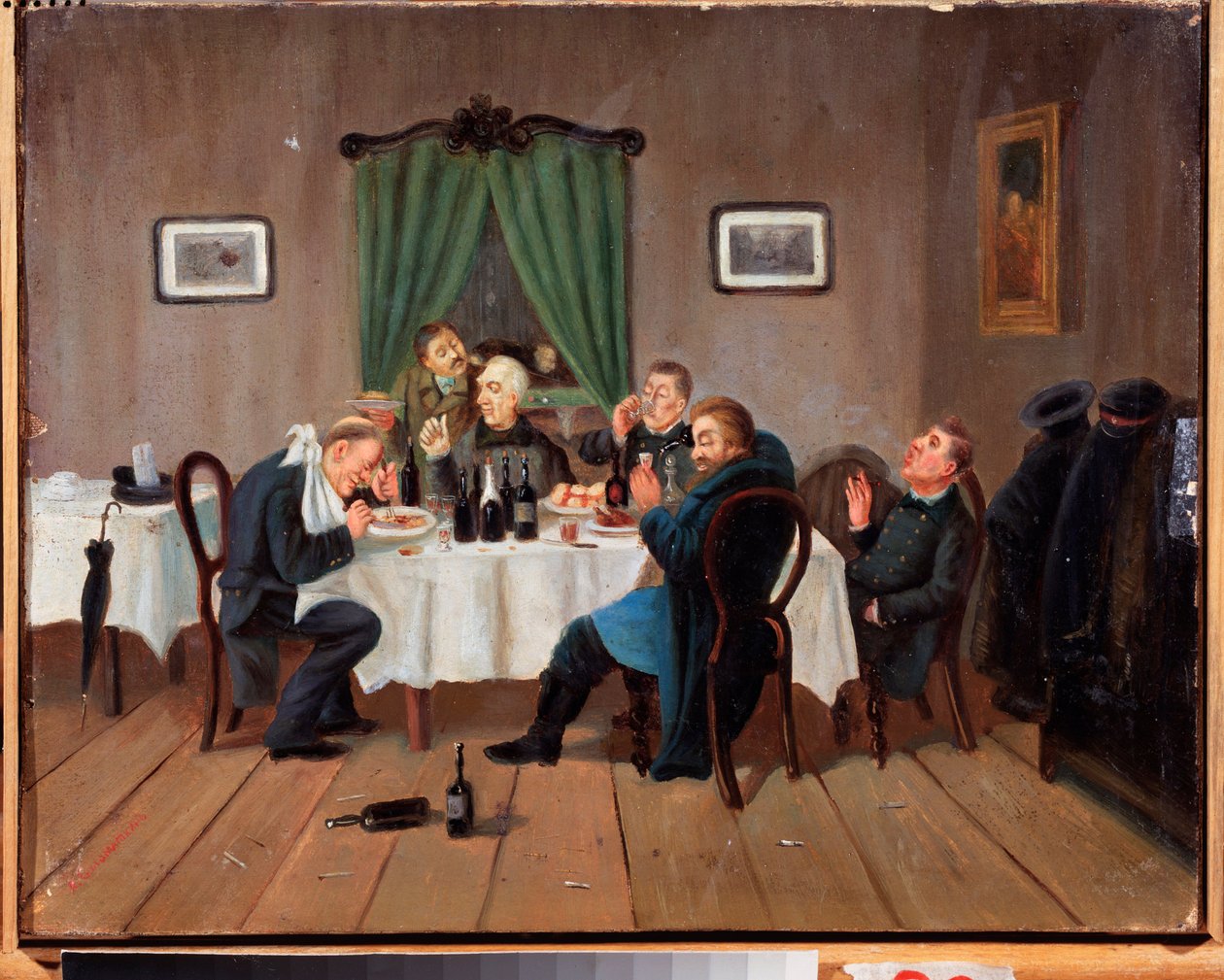 På en taverna. Maleri av Leonid Ivanovich Solomatkin (1837-1883), olje på lerret. russisk kunst av Leonid Ivanovich Solomatkin
