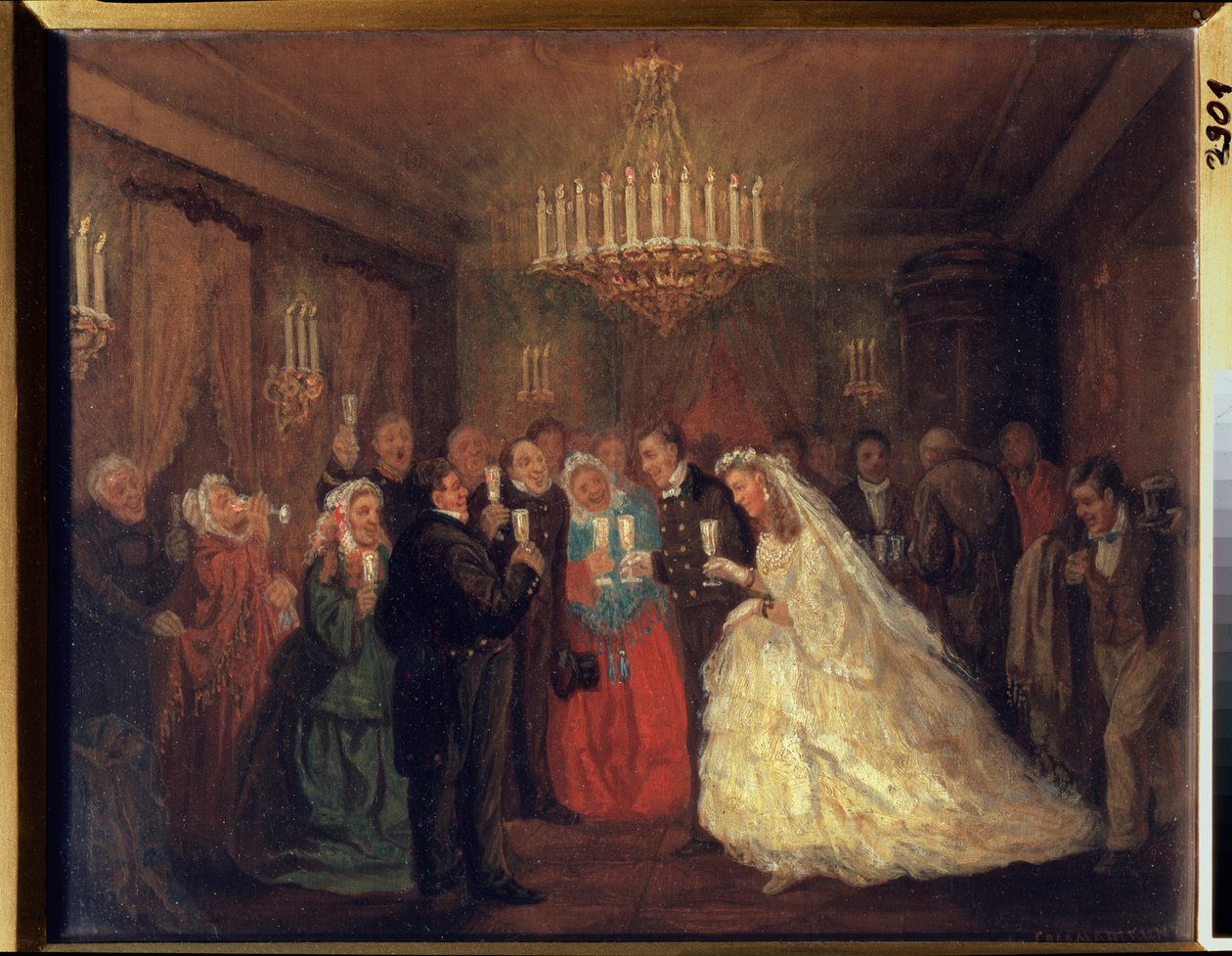Bryllupet. (Bryllupsgjestene klirrer i glass rundt de nygifte.) Maleri av Leonid Ivanovich Solomatkin (1837-1883), olje på lerret av Leonid Ivanovich Solomatkin