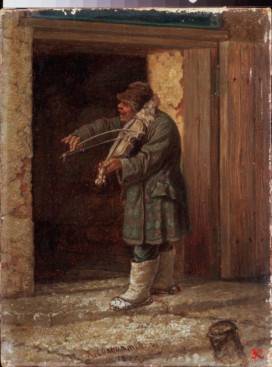 En musiker. (En tiggerfiolinist som spiller foran inngangen til en landbygning). Maleri av Leonid Ivanovich Solomatkin (1837-1883) av Leonid Ivanovich Solomatkin