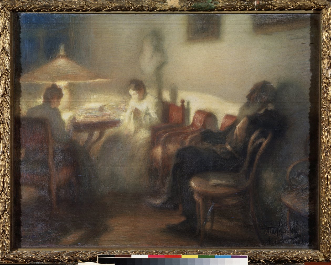 Forfatteren Leon Tolstoy (1828-1910) med sin familie i Yasnaya Polyana (Forfatteren Leo Tolstoy med sin familie i Yasnaya Polyana). Verk av Leonid Osipovich Pasternak (1862-1945), pastell på papir av Leonid Osipovic Pasternak