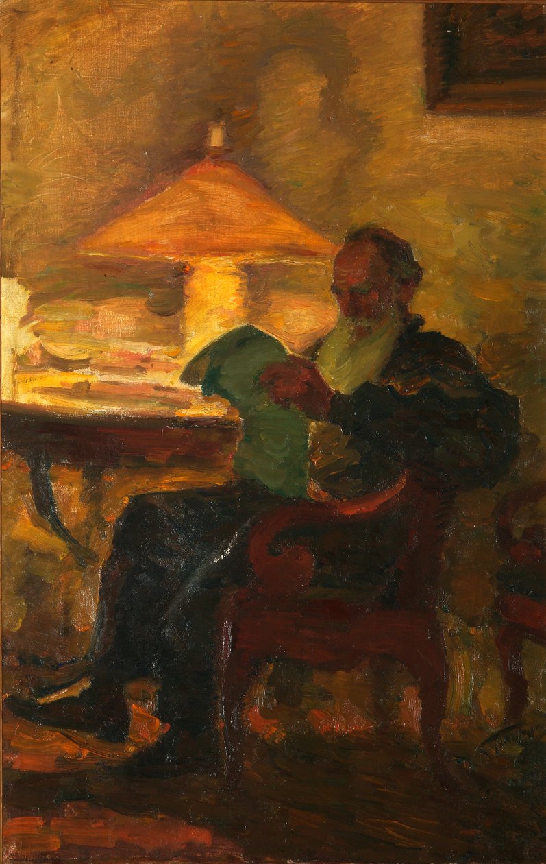 Leo Tolstoy med en avis, 1901 av Leonid Osipovic Pasternak