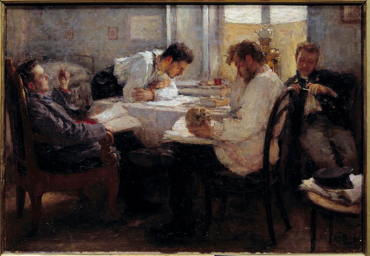 På tampen av eksamen Studenter gjennomgår eksamen. Maleri av Leonid Osipovich Pasternac (1862-1945) 1895 Søn. 0,39x0,55 m Paris, musee d'Orsay OBS! Bruk av dette verket kan være underlagt en tredjeparts autorisasjonsforespørsel eller tilleggsgebyrer av Leonid Osipovic Pasternak