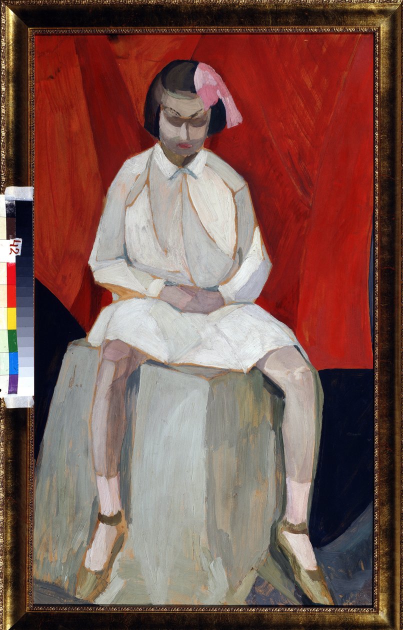 ""La petite fille sur un cube"" Peinture de Leonid Terentievich Chupyatov (Chupiatov) (1890-1941) 1920 environ Collection privee av Leonid Terentlevich Chupyatov