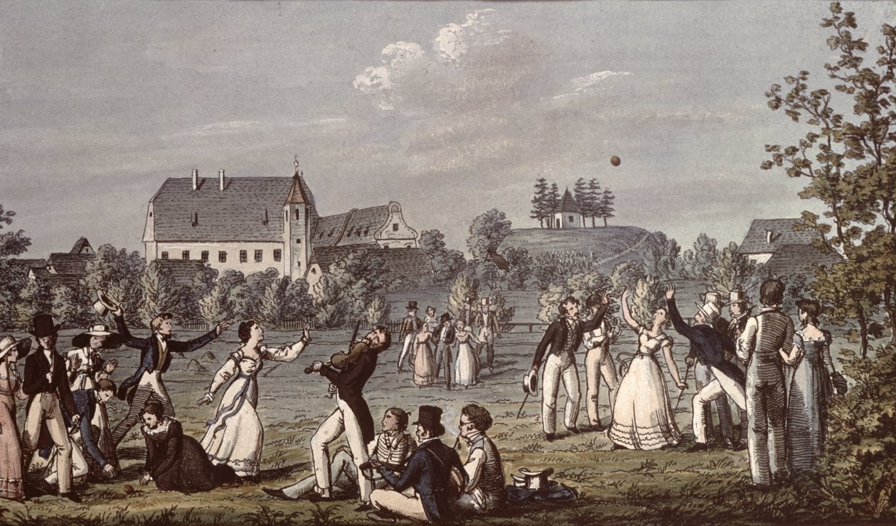 Ballspill på Atzenbrugg med Franz Schubert (1797-1828) og venner som sitter i forgrunnen (penn og blekk og wc på papir) av Leopold Kupelwieser