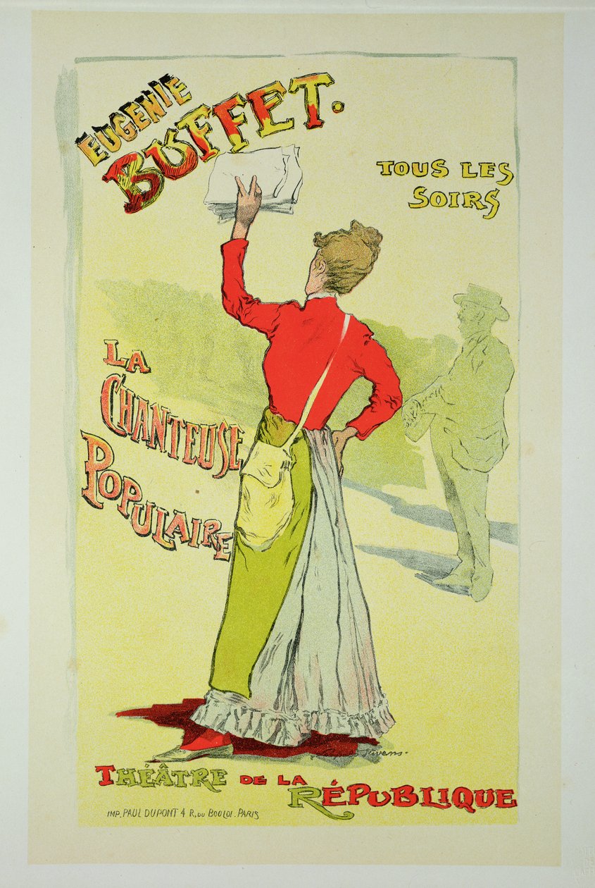 Reproduksjon av en plakat som reklamerer for "Eugenie Buffet", på Republic Theatre av Leopold Stevens