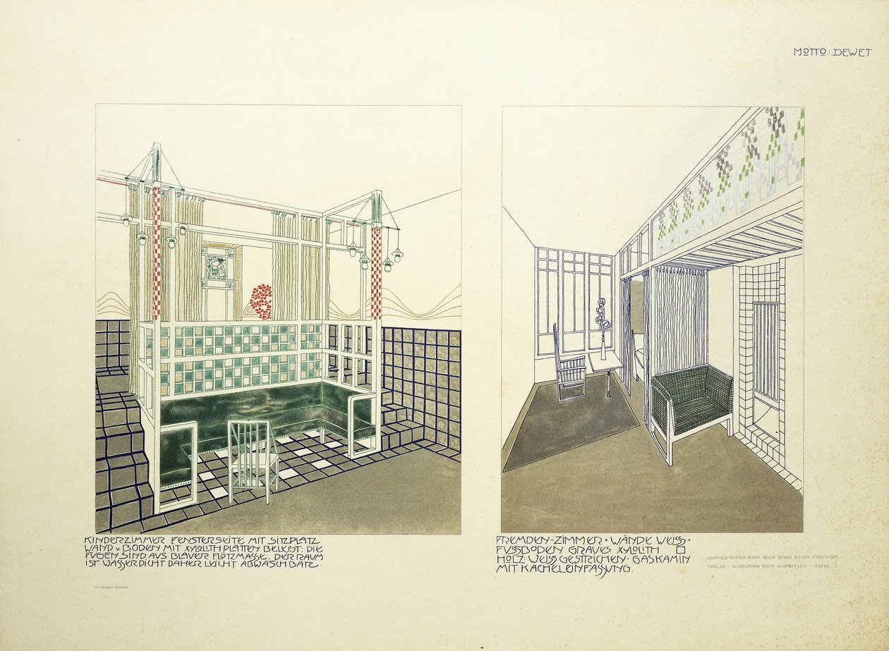Barnerom og gjesterom, ca. 1901 (farge litho) av Leopold (after) Bauer