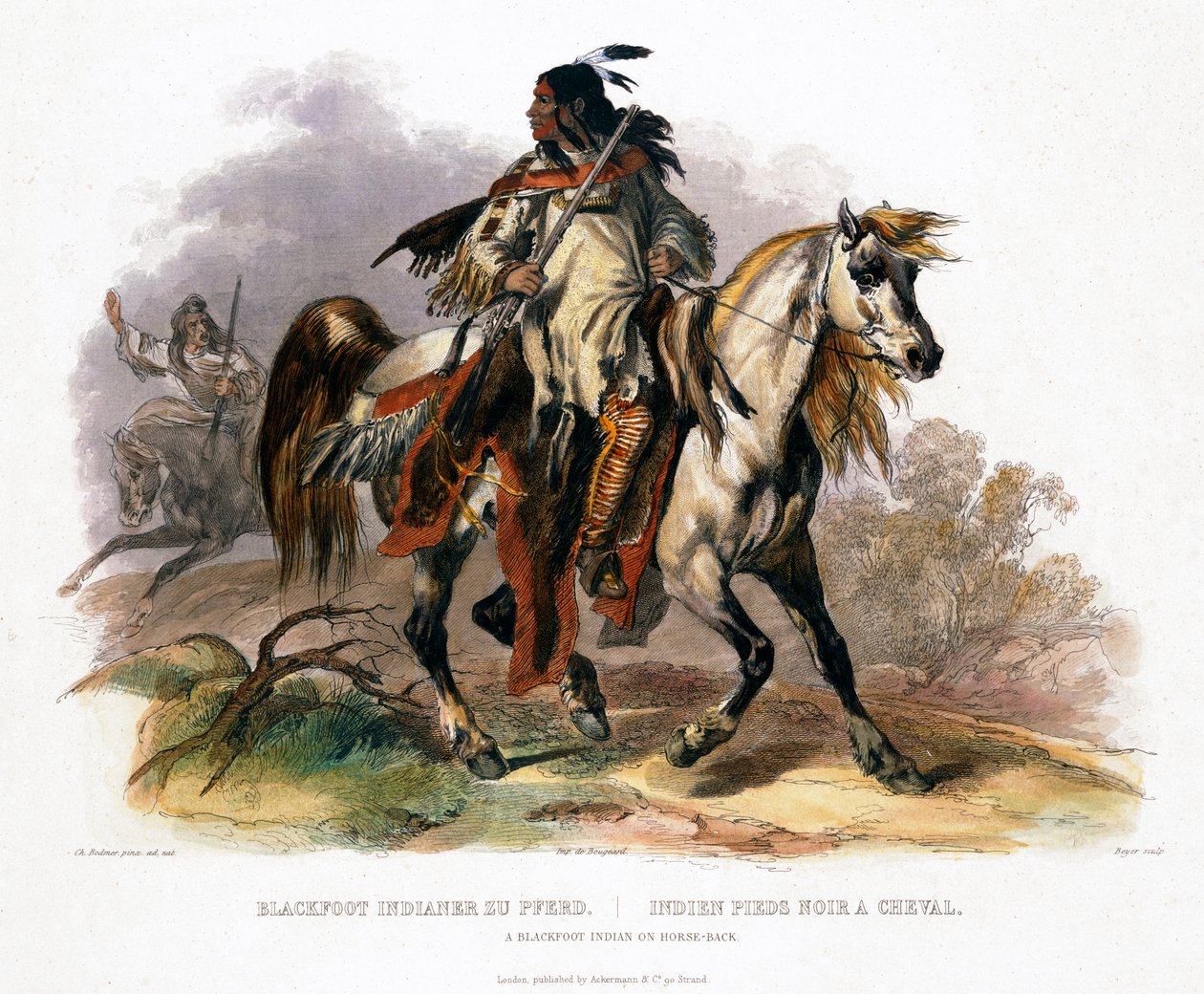 En svartfotindianer til hest, 1843 av Leopold Beyer