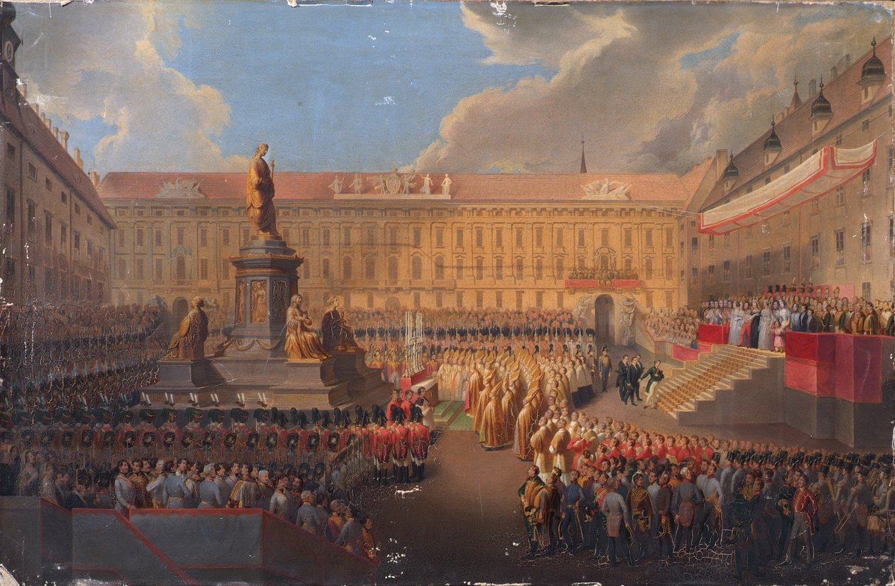 Avduking av monumentet til keiser Franz I av Østerrike 19. juni 1846 på Wiens Franzensplatz av Leopold Bucher
