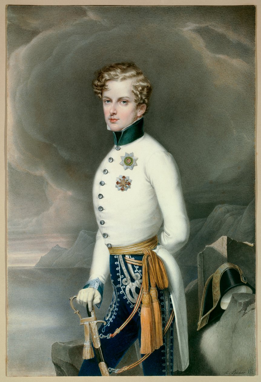 Konge av Roma og prins av Parma Napoleon II, hertug av Reichstadt (1811-1832) sønn av keiser Napoleon I (1769-1821) i uniform som oberstløytnant av regimentet Gustave Prince of Wasa Gravering av Leopold Bucher (1797-1858) 18328 Dim. 0,33x0,22 m Malmais av Leopold Bucher