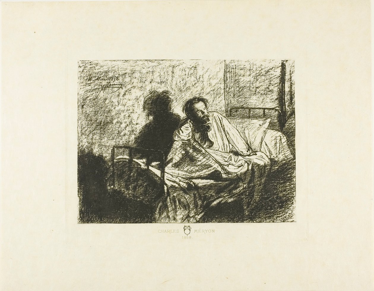 Portrett av Charles Meryon som sitter oppe i sengen av Leopold Flameng