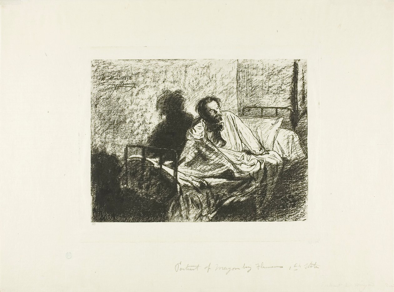 Portrett av Charles Meryon som sitter oppe i sengen av Leopold Flameng