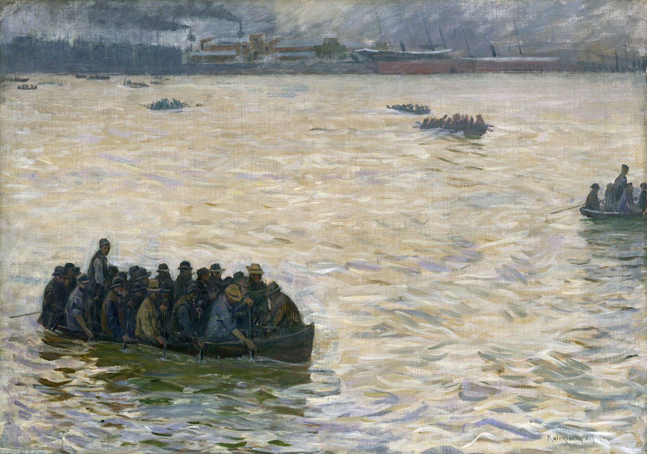 Verftsarbeidere vender hjem på Elben, 1894 av Leopold Karl Walter von Kalckreuth