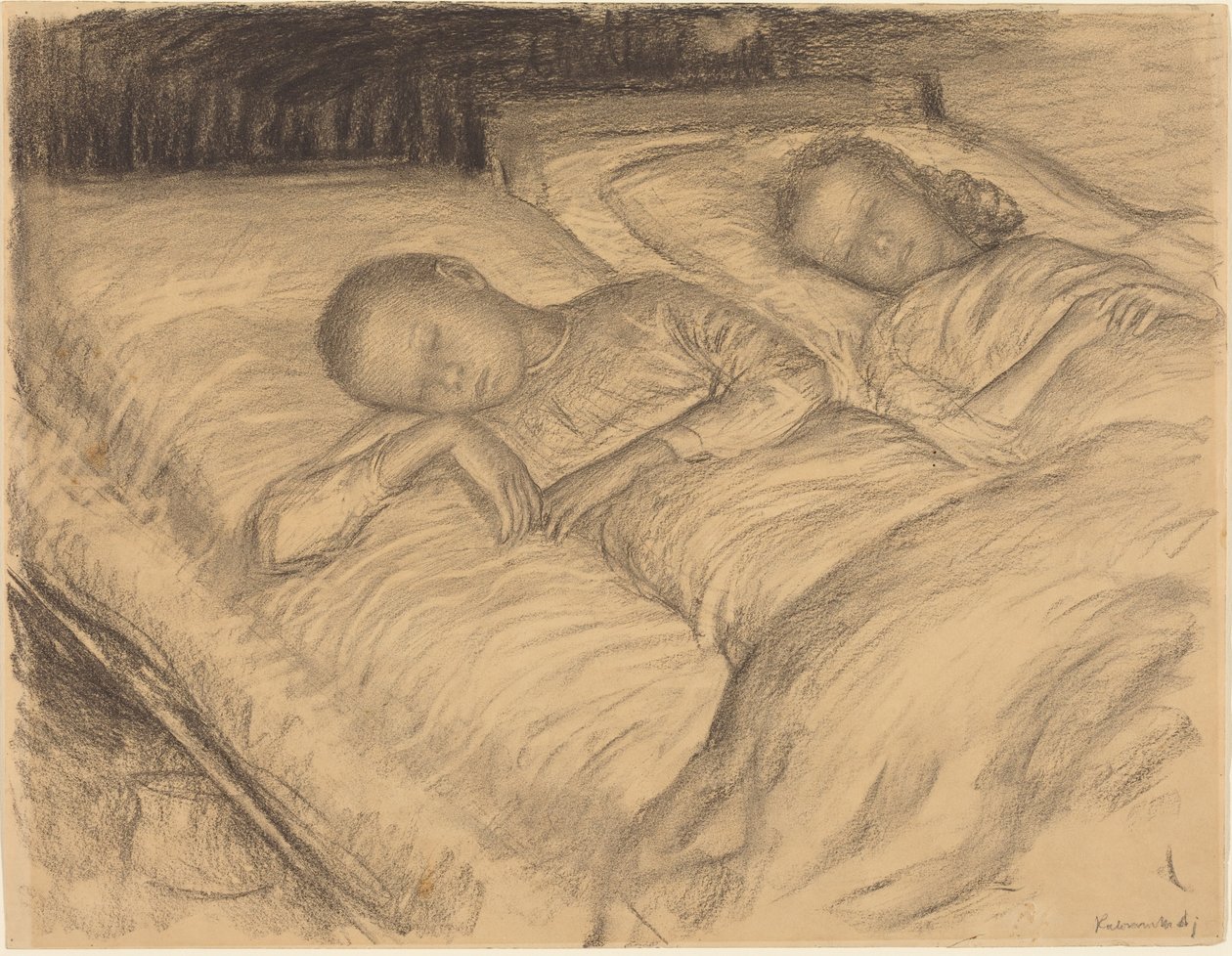 Kunstnerens barn Ulv og Anna i søvne, ca. 1900 (kull på papir) av Leopold Karl Walter von Kalckreuth