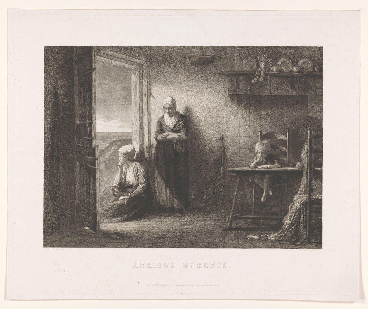 To kvinner og et barn i et fiskerhus i sanddynene Etter stormen Anxious Moments (tittel på objekt) av Leopold Lowenstam
