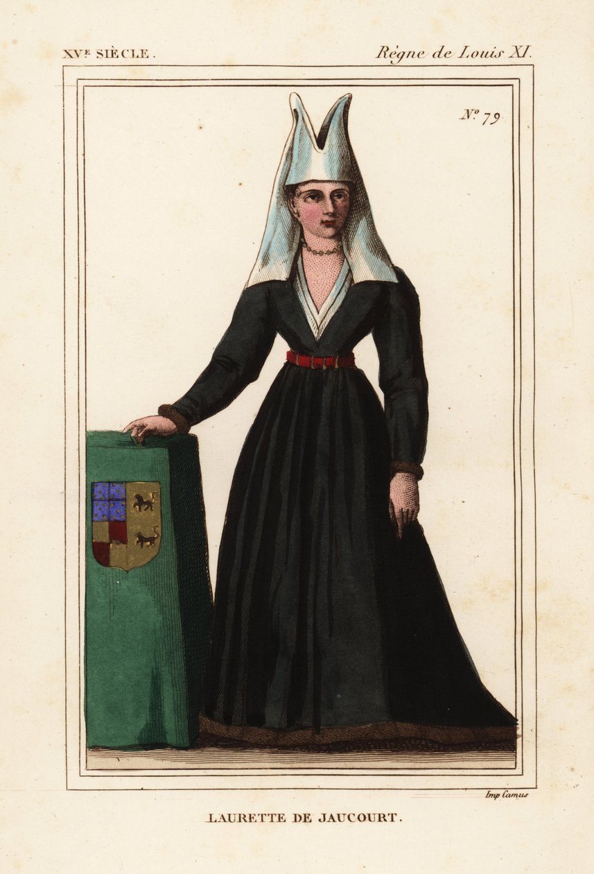 Lauretta av Jaucourt, kone til Michael av Chaugy, Lord of Chissey, Laurette de Jaucourt, Håndfarget litografi etter en miniatyr i Roger de Gaignieres#39; portefølje VII 49 fra Le Bibliophile Jacob aka Paul Lacroix#39;s Costumes Historique de la France (His av Leopold Massard