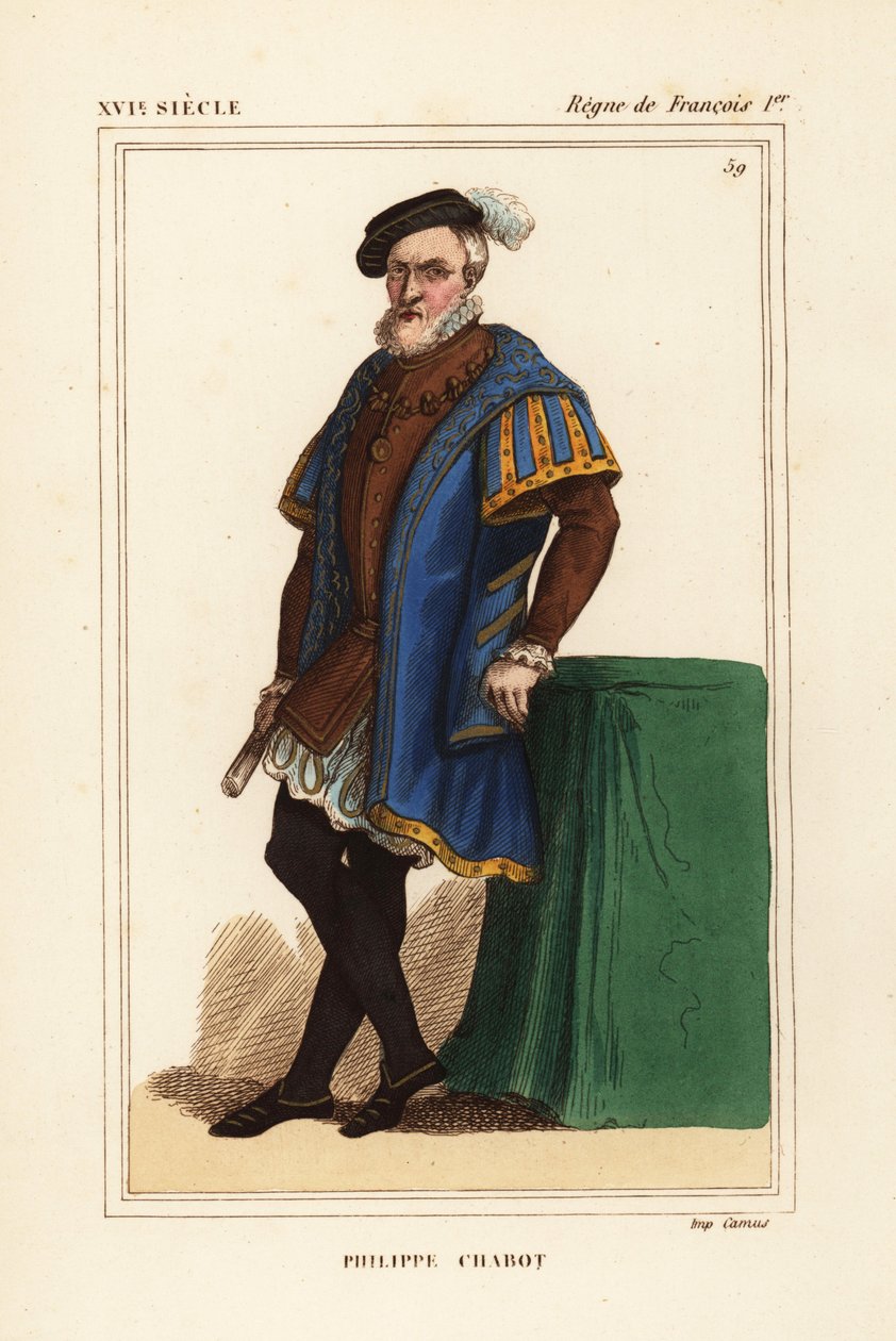 Philippe Chabot, Lord of Brion, greve av Charny, Admiral de Brion, fransk admiral, d. 1543. Håndfarget litografi etter et portrett i Roger de Gaignieres#39; porteføljer fra Le Bibliophile Jacob aka Paul Lacroix#39;s Costumes Historique de la France (Histor av Leopold Massard