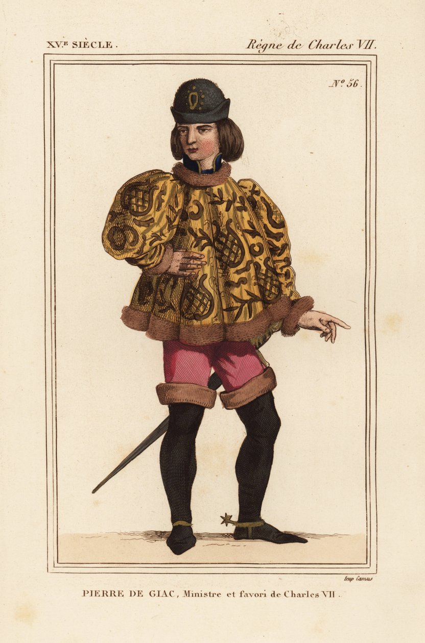 Pierre de Giac, kammerherre til kong Charles VII fra 1377-1426. Henrettet ved drukning ved Dun-Le-Roi. Han har på seg en kort cassock med mahoitre-ermer, rosa pantalons og støvler med sporer. Håndkolorert litografi etter en miniatyr i et manuskript Histoir av Leopold Massard