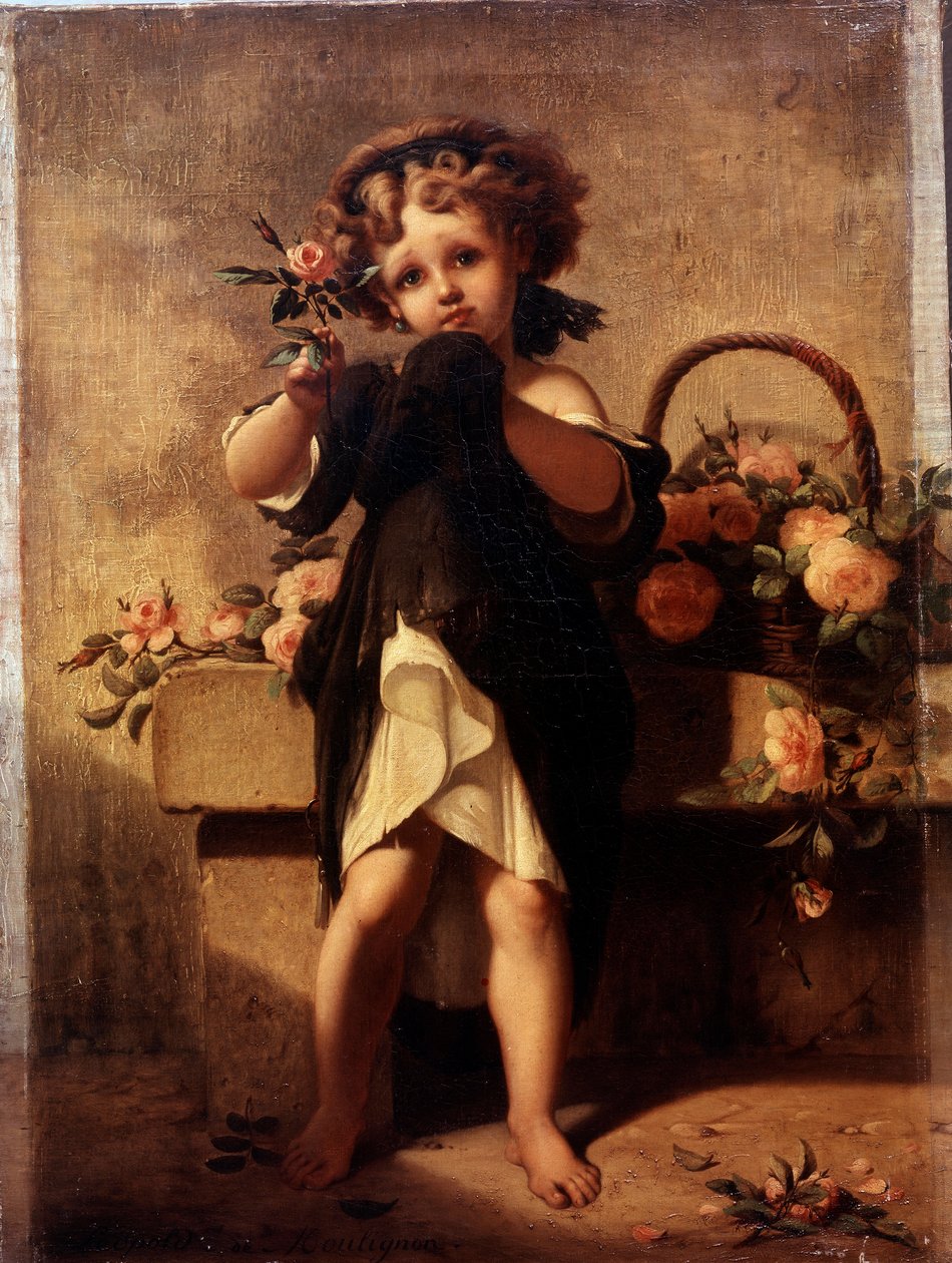 Portrett i full lengde av en liten jente med en rose Maleri av Leopold Moulignon (1821-1897) 1800-tallet. av Leopold de Moulignon